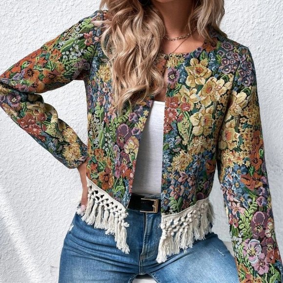 Green Preppy Womens Floral Print Open Front Fringe Hem Jacket - Picture 4 of 5